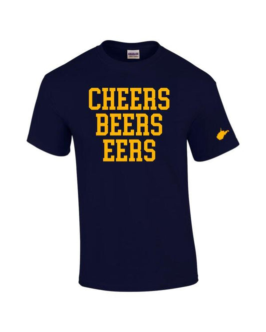 A navy blue t-shirt with the words cheers beers eers on it.