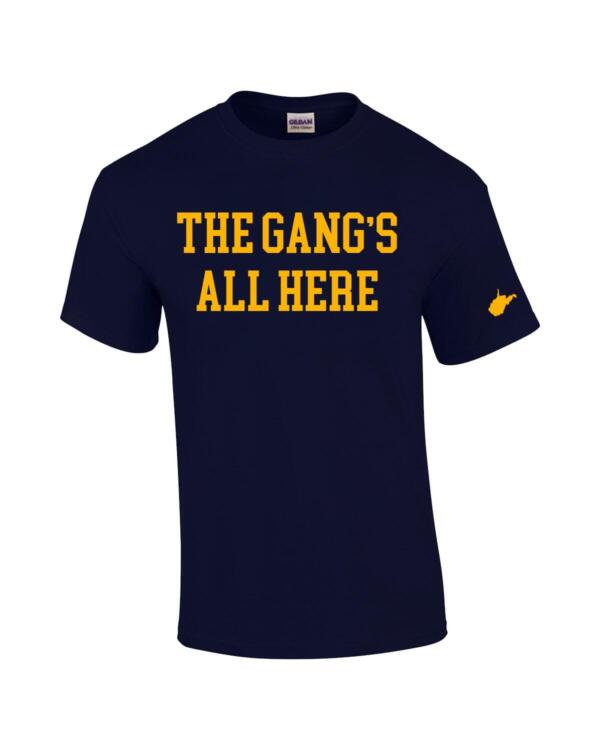 A navy blue t-shirt with the words " the gang 's all here ".