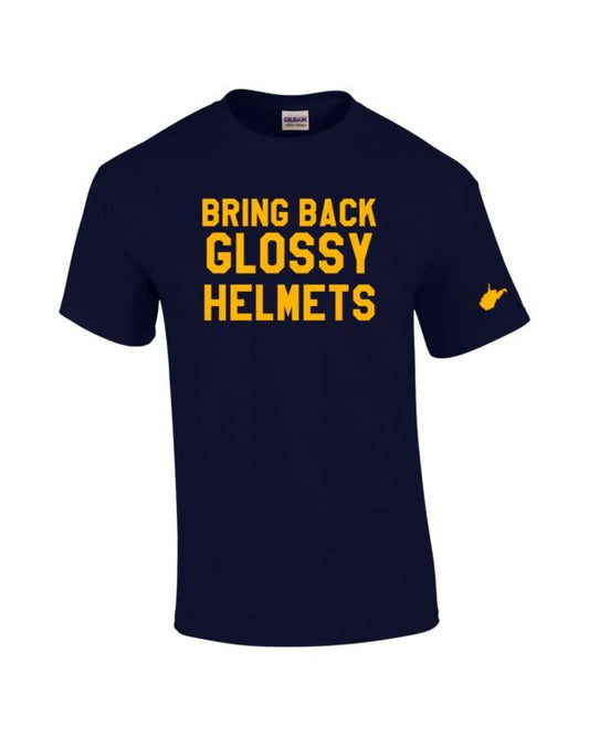 A navy blue t-shirt with the words " bring back glossy helmets ".