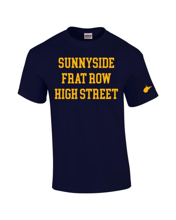 A navy blue t-shirt with the words " sunnyside frat row high street ".