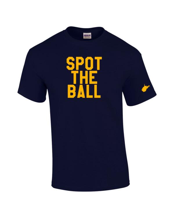 A navy blue t-shirt with the words " spot the ball ".