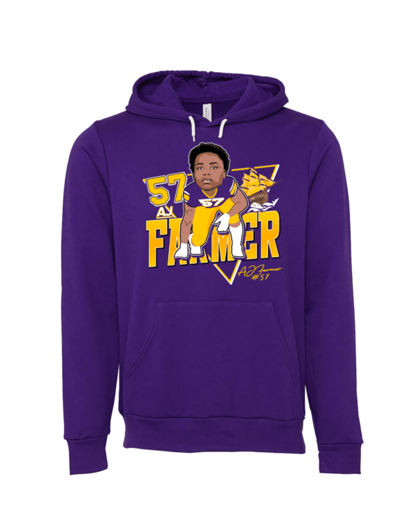 A purple hoodie with a picture of a man and the words " 5 7 farmer ".