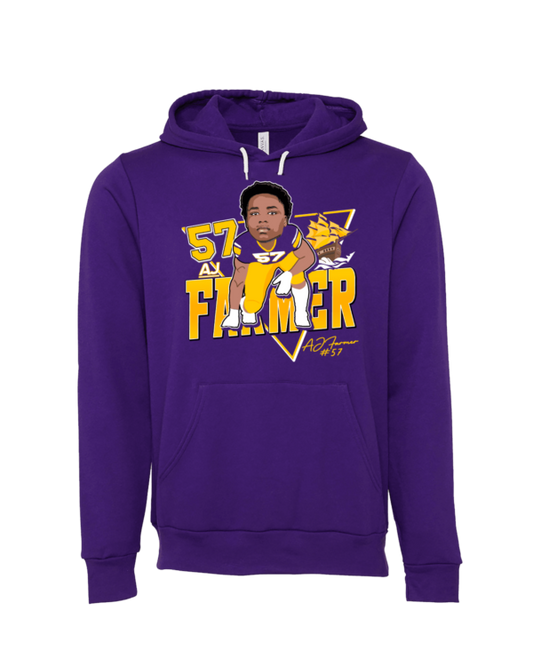 A purple hoodie with a picture of a man and the words " 5 7 farmer ".