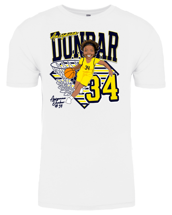 A white t-shirt with a picture of a basketball player.