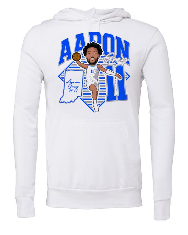 A white sweatshirt with an image of aaron hit the ball.