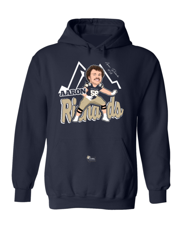 A navy blue hoodie with an image of ron swanson.