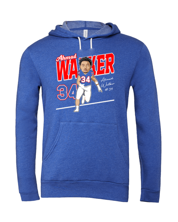 A blue hoodie with a caricature of the chicago cubs player