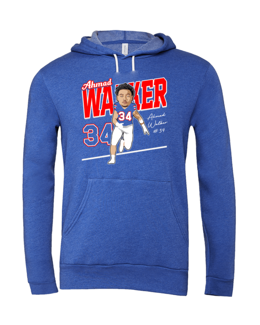 A blue hoodie with a caricature of the chicago cubs player