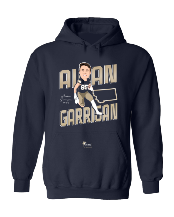 A man in a navy blue hoodie with the name of allan garrisan on it.