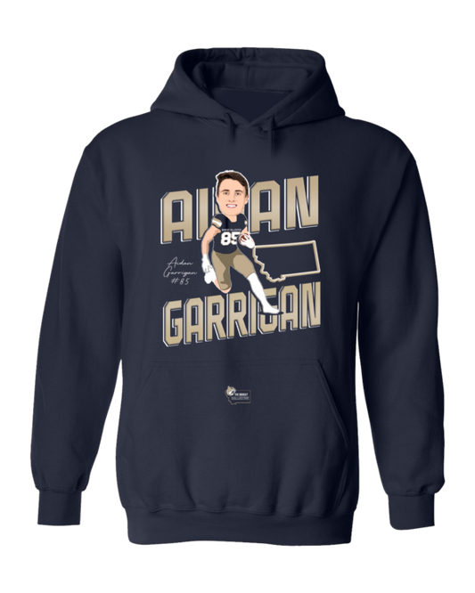 A man in a navy blue hoodie with the name of allan garrisan on it.