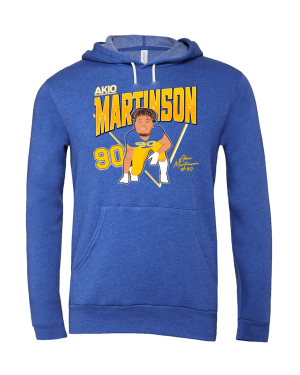 A blue hoodie with an image of a baseball player.