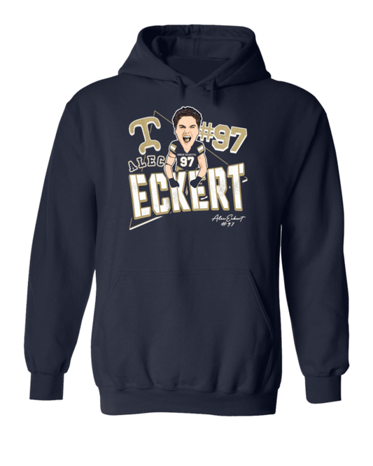 A black hoodie with an image of a man and the words " t. E. Eckert ".