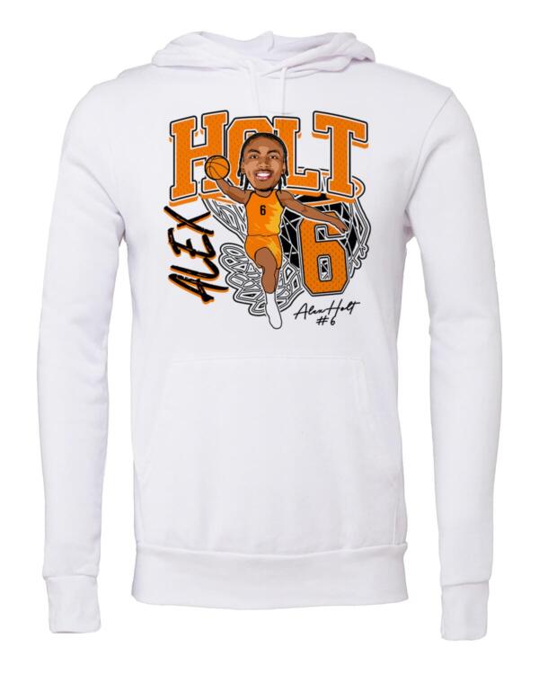 A white sweatshirt with an image of alex smith.