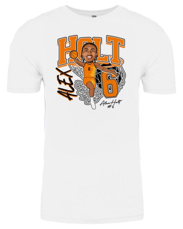 A white t-shirt with an illustration of alex smith.