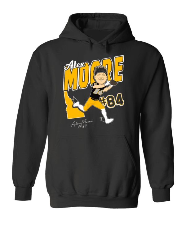 A black hoodie with an image of alex moore