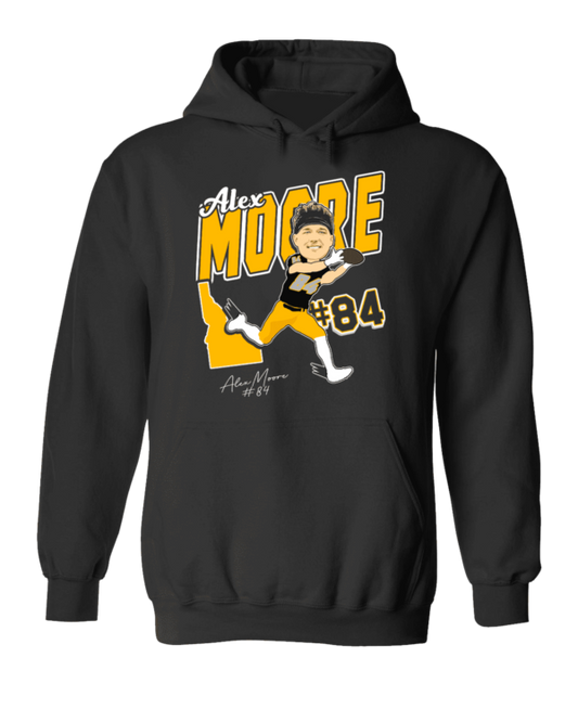 A black hoodie with an image of alex moore