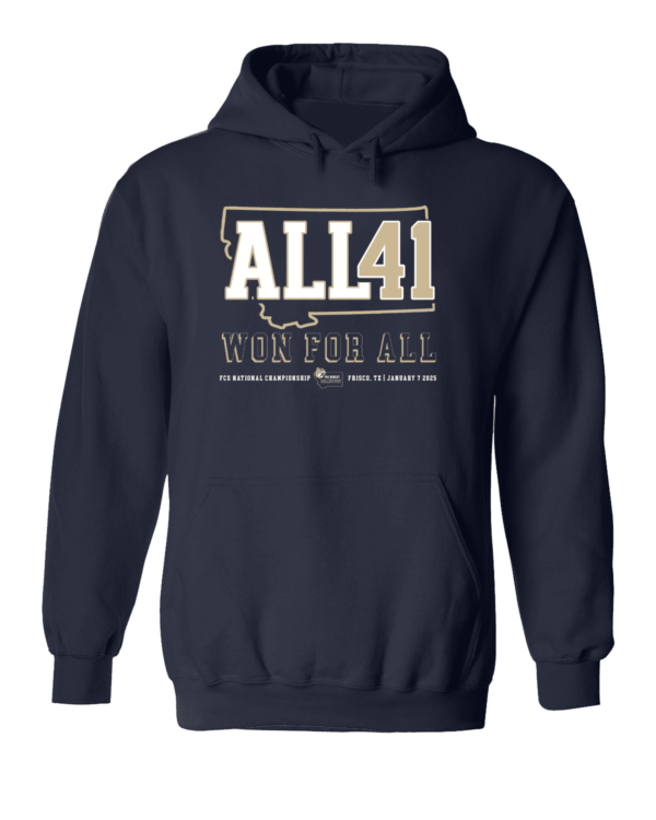 A navy blue hoodie with the words " all 4 1 gun for all ".