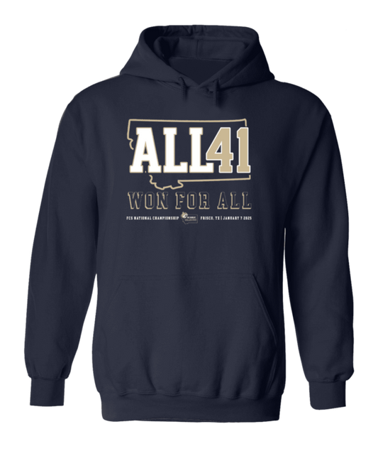 A navy blue hoodie with the words " all 4 1 gun for all ".