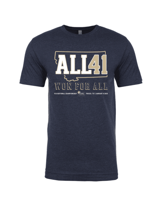 A navy blue t-shirt with the words " all 4 1 " on it.