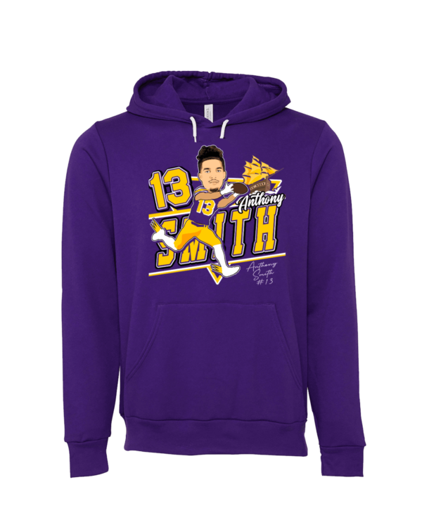 A purple hoodie with an illustration of a young man.