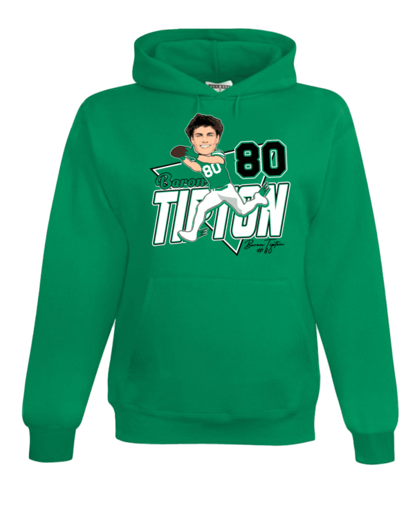 A green hoodie with an image of a person holding a baseball bat.