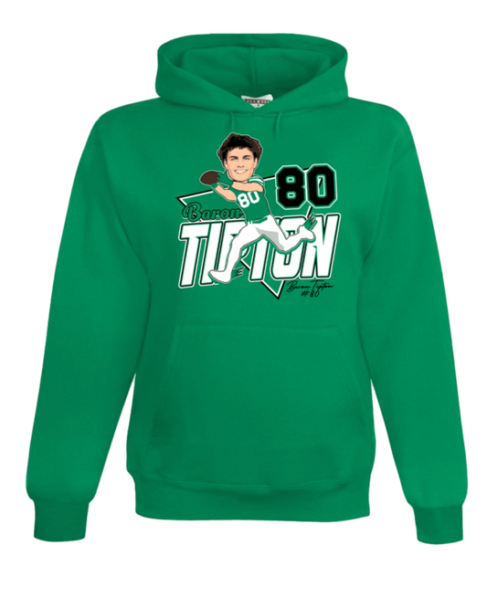 A green hoodie with an image of a person holding a baseball bat.