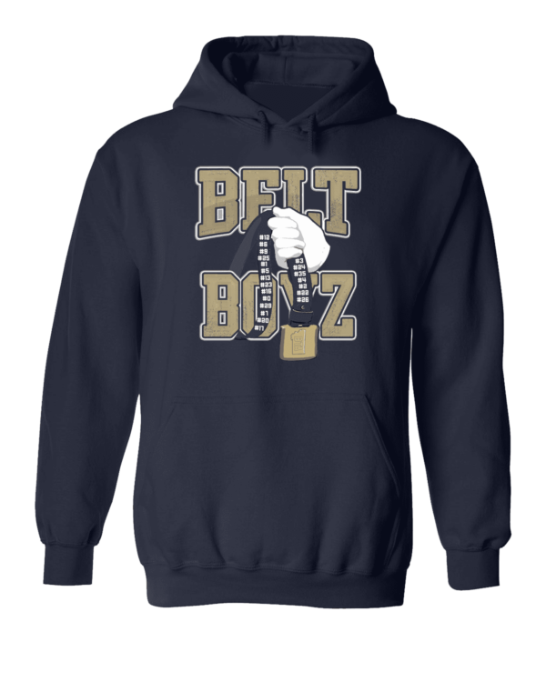 A black hoodie with the words " belt biz " on it.