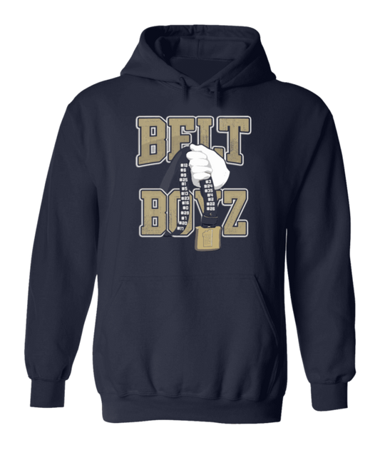 A black hoodie with the words " belt biz " on it.