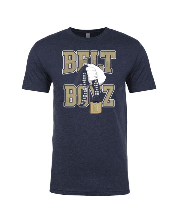 A navy blue t-shirt with the words " belt boyz ".