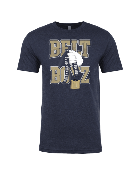 A navy blue t-shirt with the words " belt boyz ".