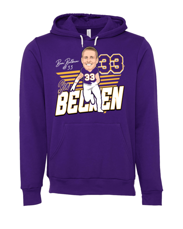 A purple hoodie with a picture of a baseball player.