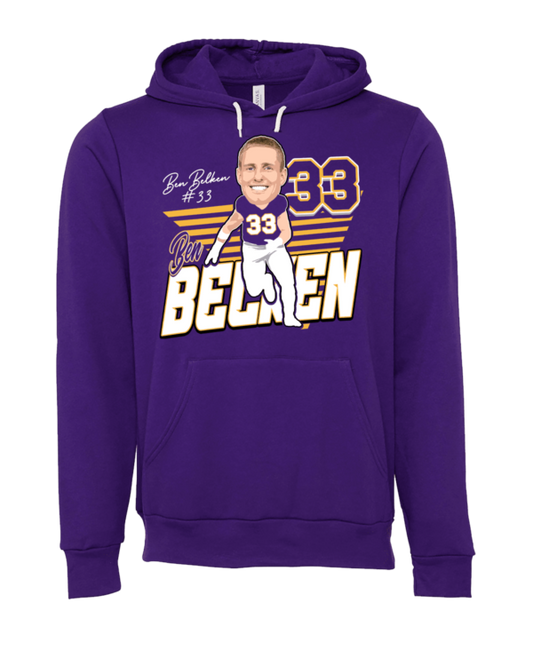 A purple hoodie with a picture of a baseball player.