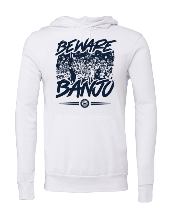 A white hoodie with the words " beware of banju ".