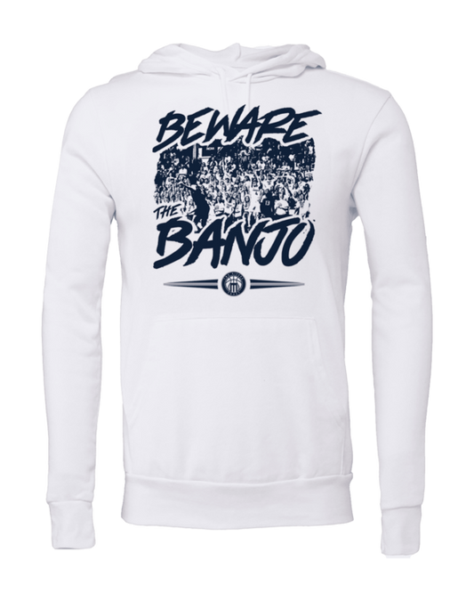 A white hoodie with the words " beware of banju ".