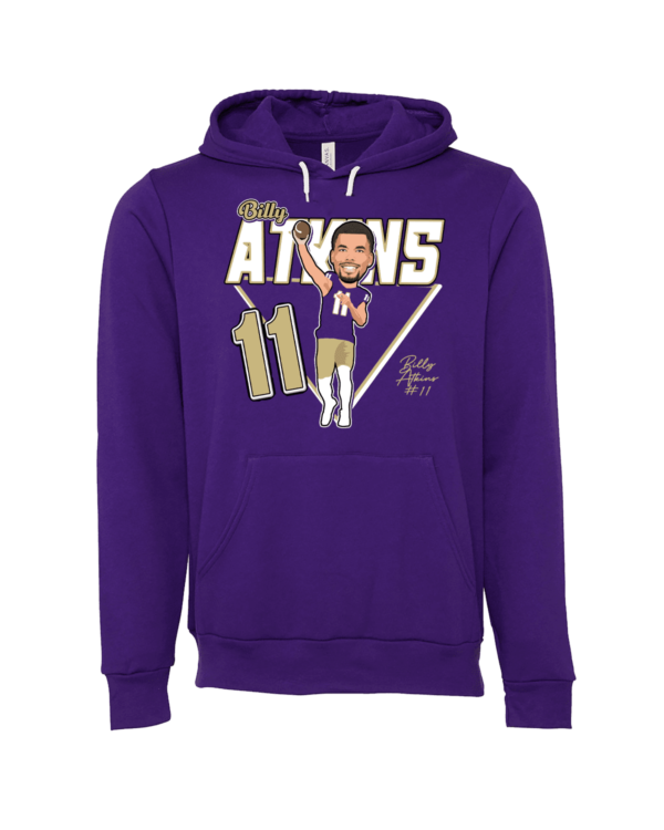 A purple hoodie with an image of the name and number of the team.