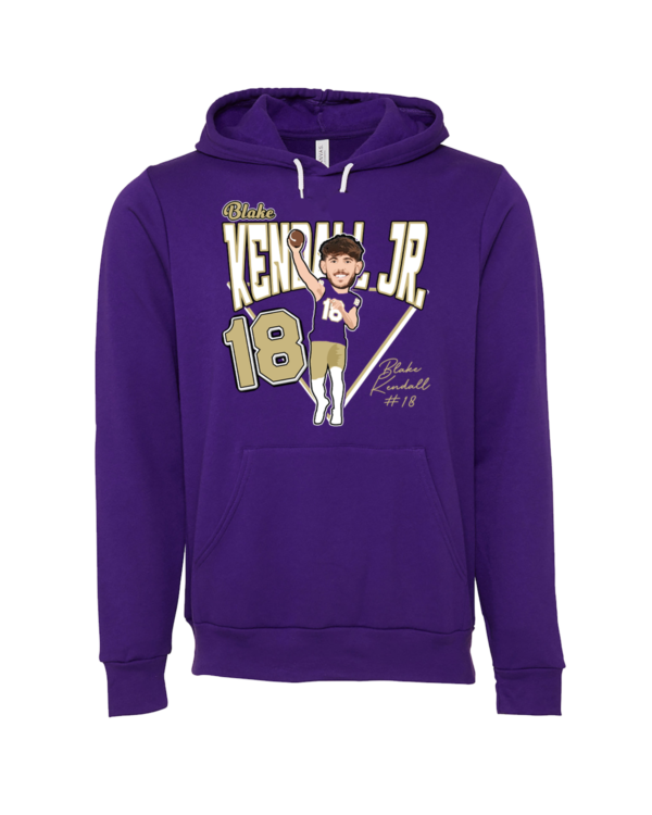 A purple hoodie with a picture of a baseball player.