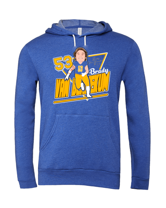 A blue hoodie with a cartoon of a woman.