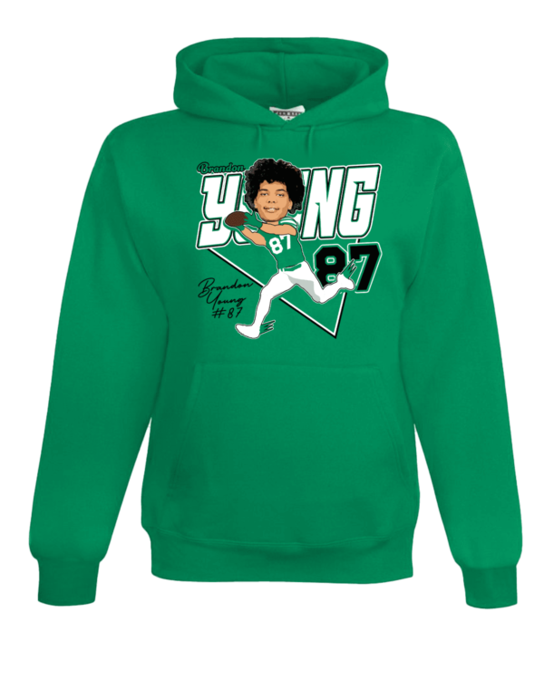 A green hoodie with a cartoon of a baseball player.