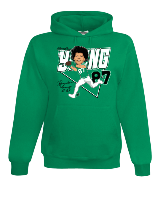 A green hoodie with a cartoon of a baseball player.