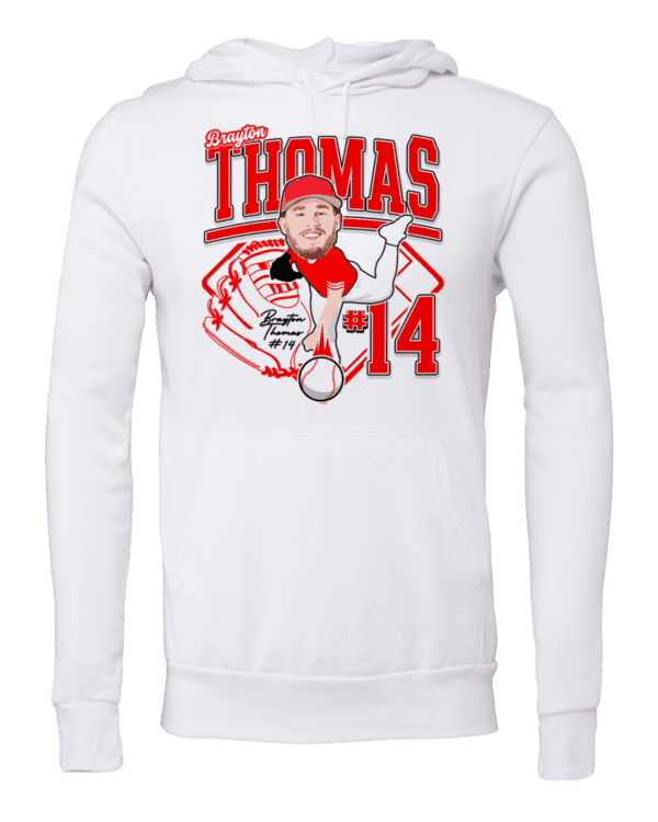 A white sweatshirt with a picture of a person and the name thomas.