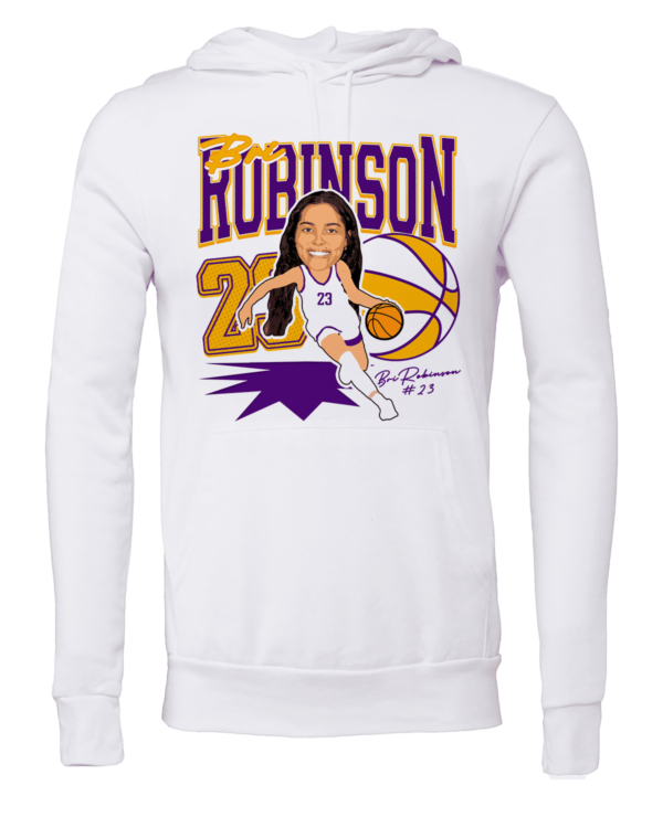 A white sweatshirt with an image of a woman holding a basketball.