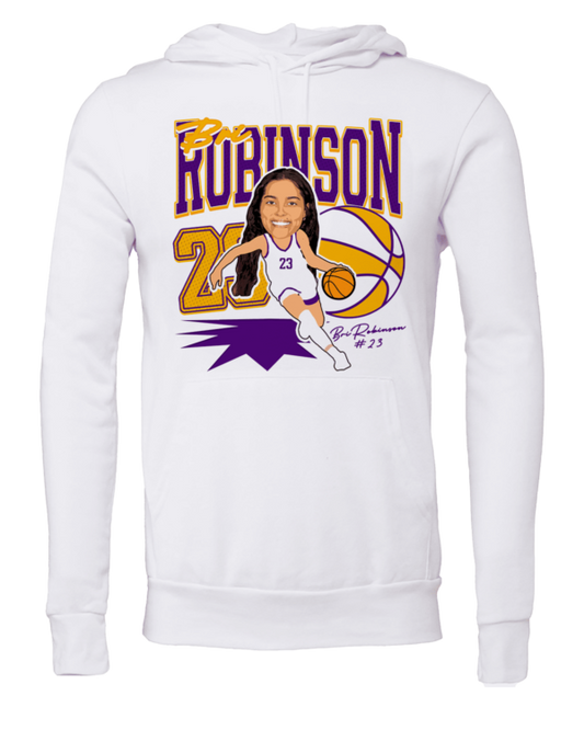 A white sweatshirt with an image of a woman holding a basketball.