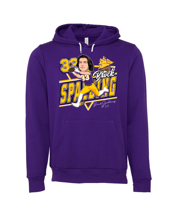 A purple hoodie with an image of george spaking