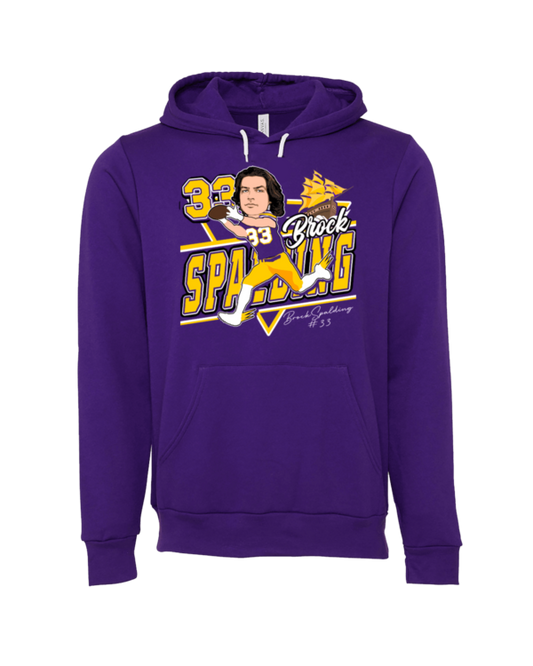 A purple hoodie with an image of george spaking