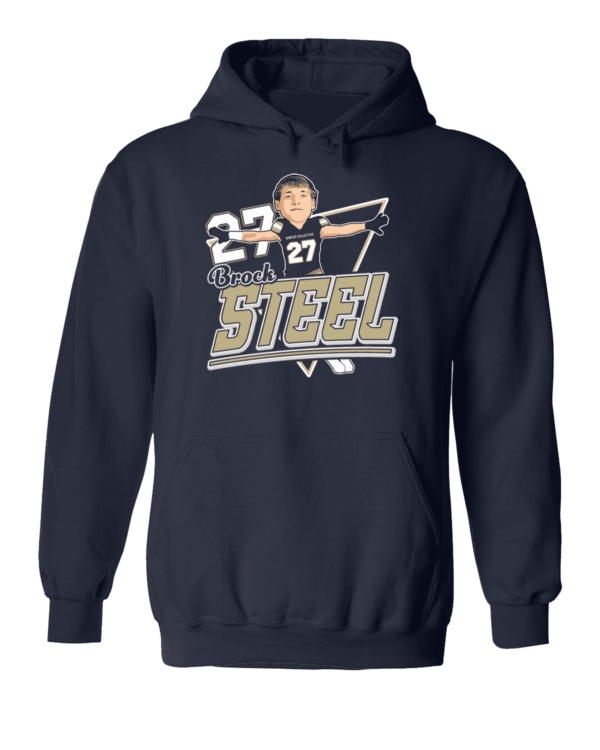 A navy blue hoodie with an image of a baseball player.