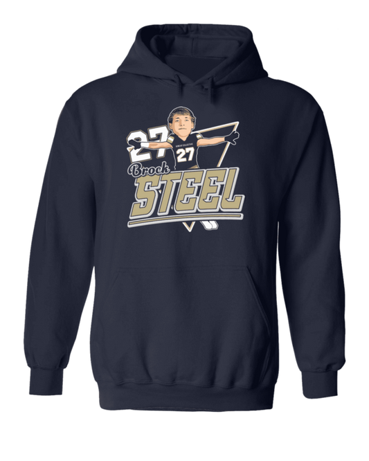 A navy blue hoodie with an image of a baseball player.