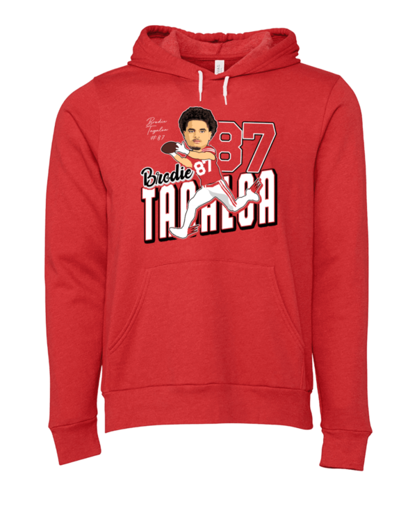 A red hoodie with a picture of a baseball player.