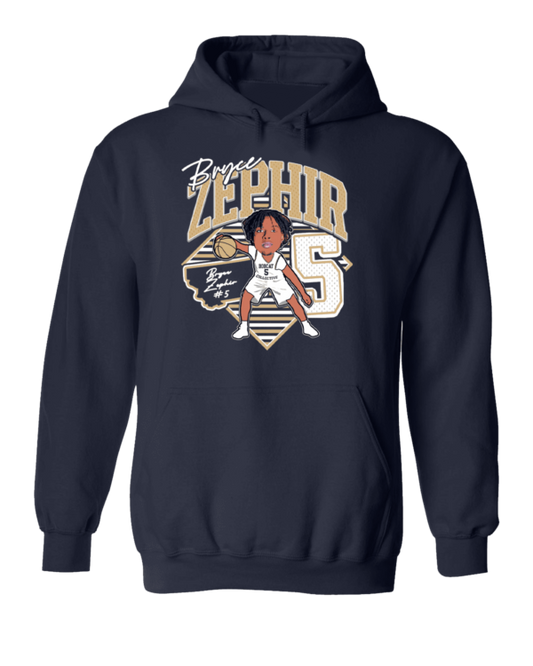 A navy blue hoodie with a caricature of the baseball player zephyr.