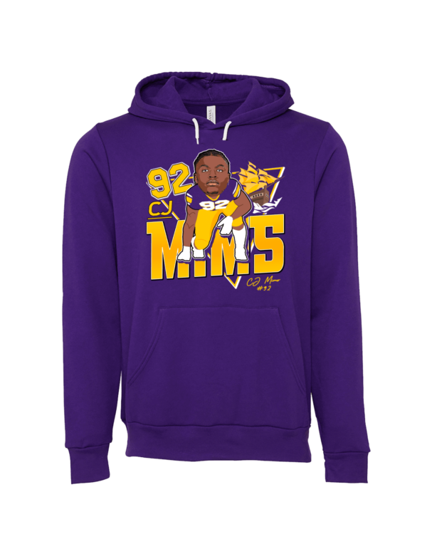 A purple hoodie with a picture of a man holding a baseball bat.