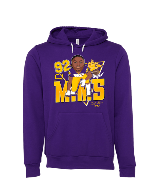 A purple hoodie with a picture of a man holding a baseball bat.